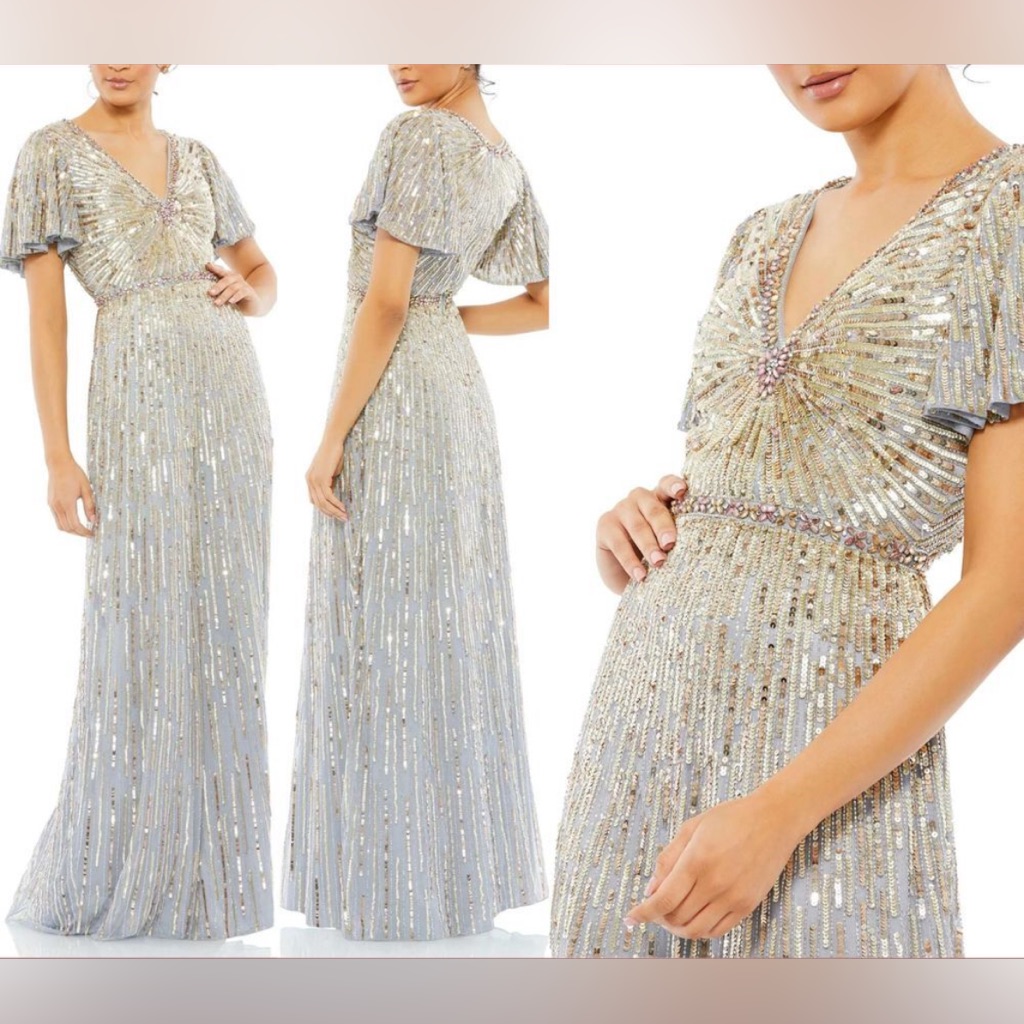 New Mac Duggal Embellished V-Neck Butterfly Sleeve Gown Silver/Platinum #5538